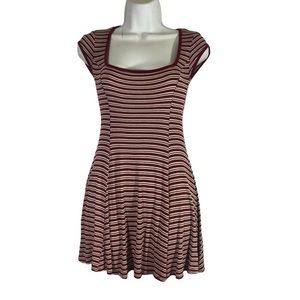 Cooperative Fit N Flare Dress Red White Stripe Short Sleeve Square‎ Neck Size XS